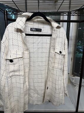 Zara Cream Tweed Check Shacket Jacket